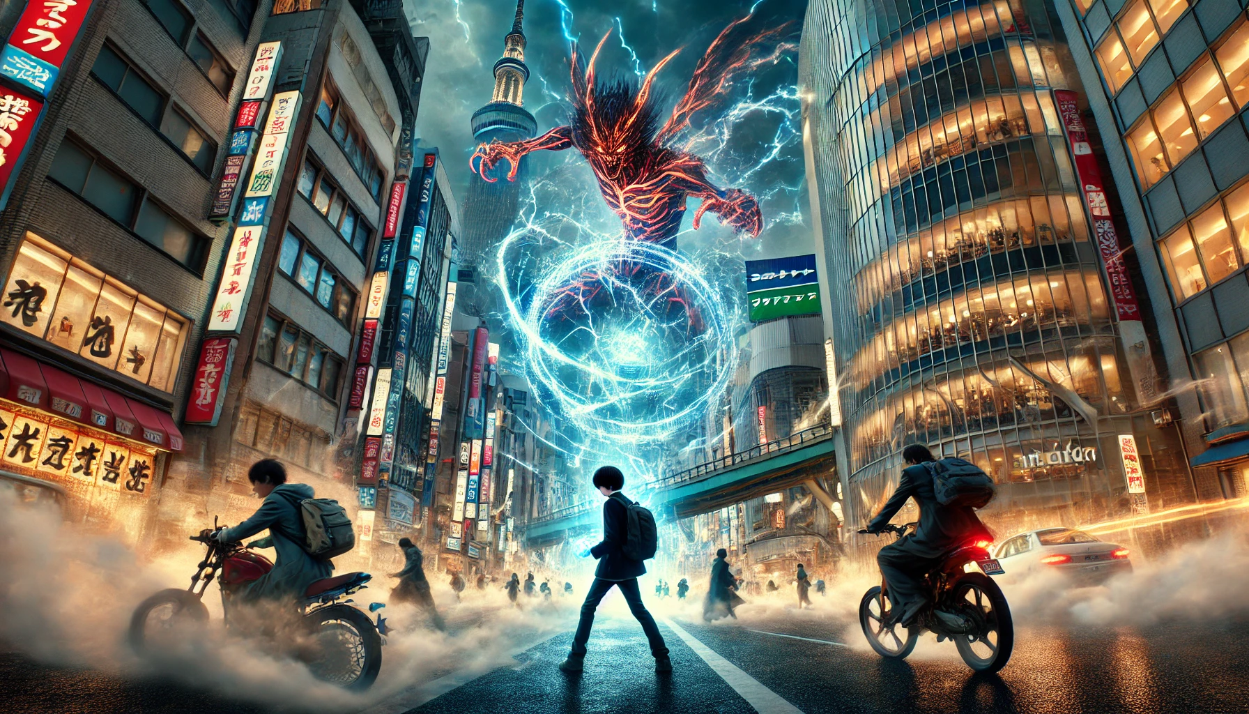 An intense urban battle scene set in the streets of Shibuya, with Japanese high school students using powerful 'domain expansion' techniques to defeat evil spirits. The city is in chaos, with glowing energy fields and buildings partially destroyed. Supernatural forces clash amidst modern skyscrapers, showing the contrast between traditional supernatural abilities and the modern urban environment.