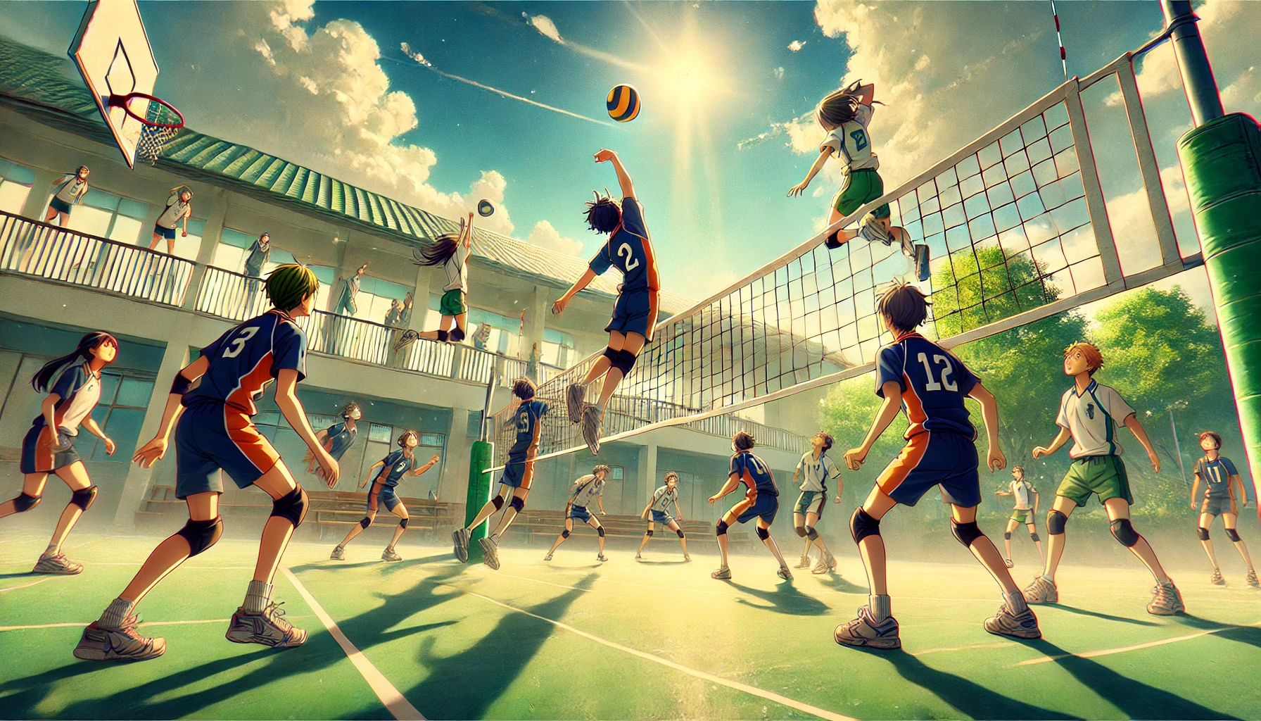 A scene from a high school sports anime, focusing on a group of Japanese high school students playing volleyball on a sunny outdoor court, with a dramatic and energetic atmosphere. The students are in action, wearing their sports uniforms, leaping for a spike shot, while others prepare to block. The court is set against a backdrop of green trees and a blue sky, capturing the energy and dynamics of youth and team spirit.