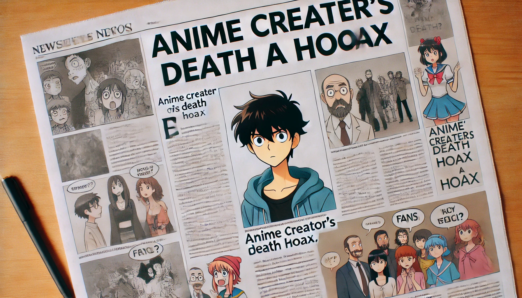 A newspaper headline and article discussing the mistaken death of a famous anime creator. The headline mentions 'Anime Creator's Death a Hoax,' with images of animated characters and confused fans. The layout is simple, with bold text and some images in the article showing scenes from the anime.