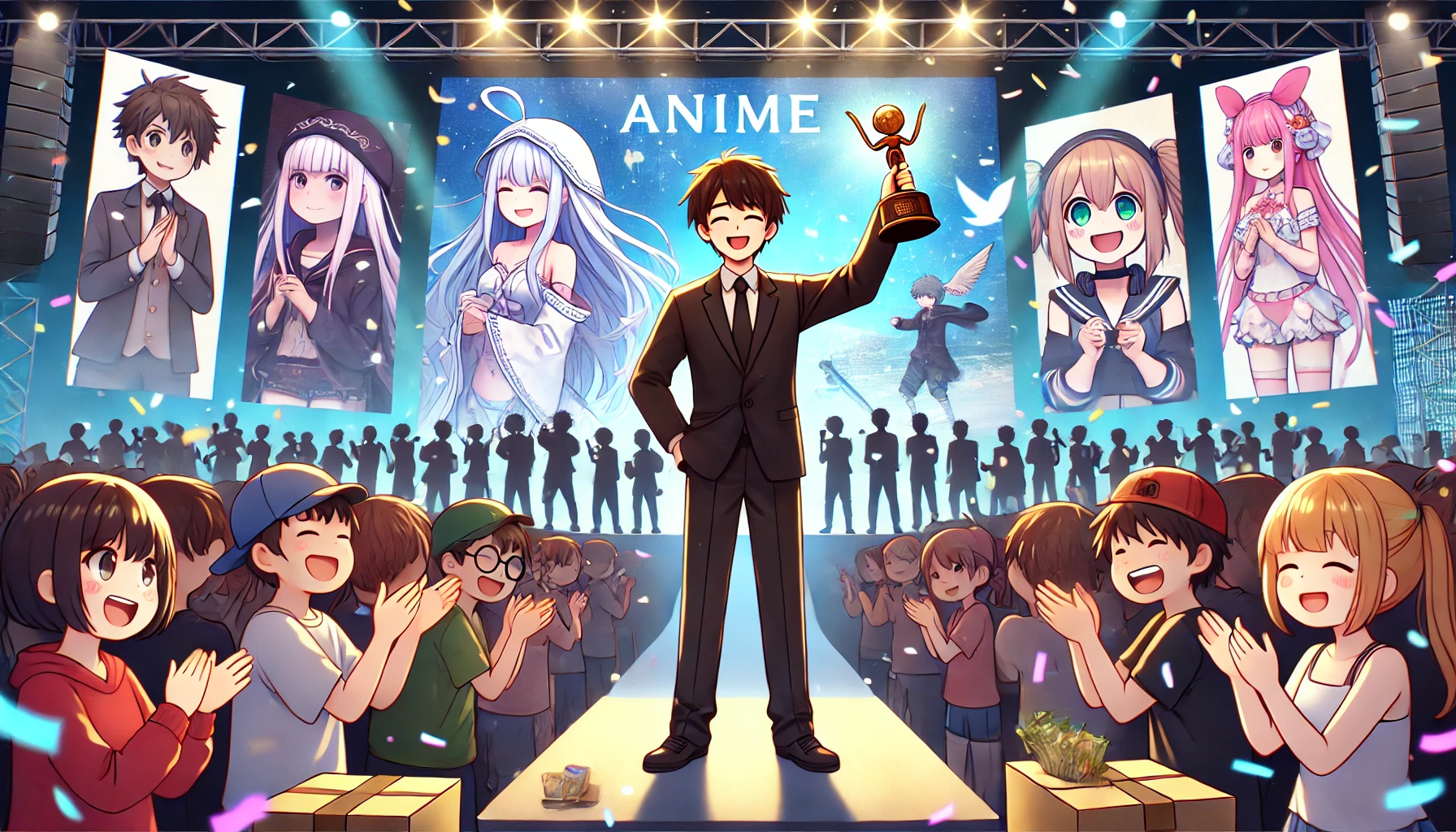 A celebration scene of a successful anime creator, standing on stage with fans cheering. The creator is holding a trophy and smiling, with anime posters and characters projected in the background. The atmosphere is festive with confetti falling, and the audience is clapping and cheering.