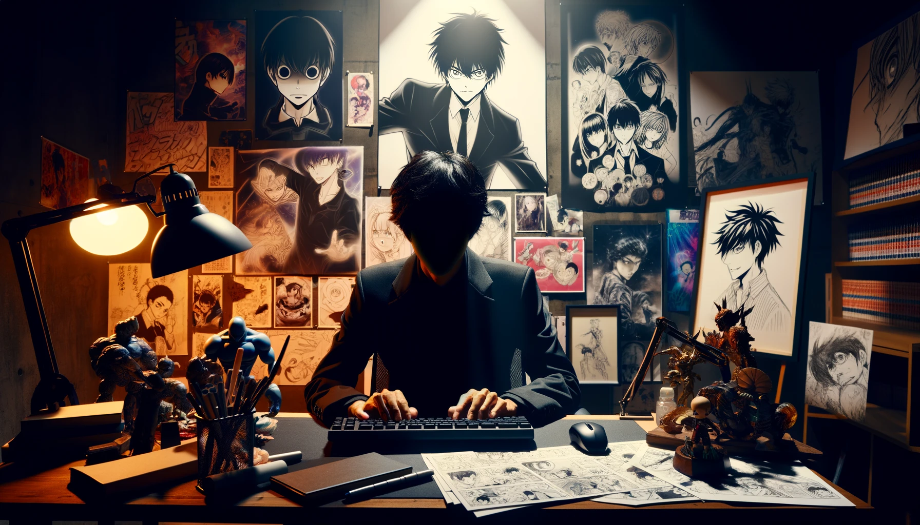 A mysterious scene showing an anime creator in shadow, sitting at a desk surrounded by anime posters, with dim lighting. The creator is partially hidden, typing on a keyboard, with hints of the creator's identity remaining unknown. The room is cluttered with manga sketches, awards, and memorabilia, creating an enigmatic atmosphere.