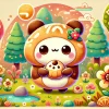 A cute, 'chiikawa-like' character inspired by a traditional Japanese kurimanju (chestnut bun) in a whimsical and colorful world. The character has a round, fluffy appearance, with soft colors like browns and yellows. It holds a small snack, standing in a cozy setting with trees, flowers, and a small pond. The art style is vibrant and soft, similar to 'chiikawa' designs.