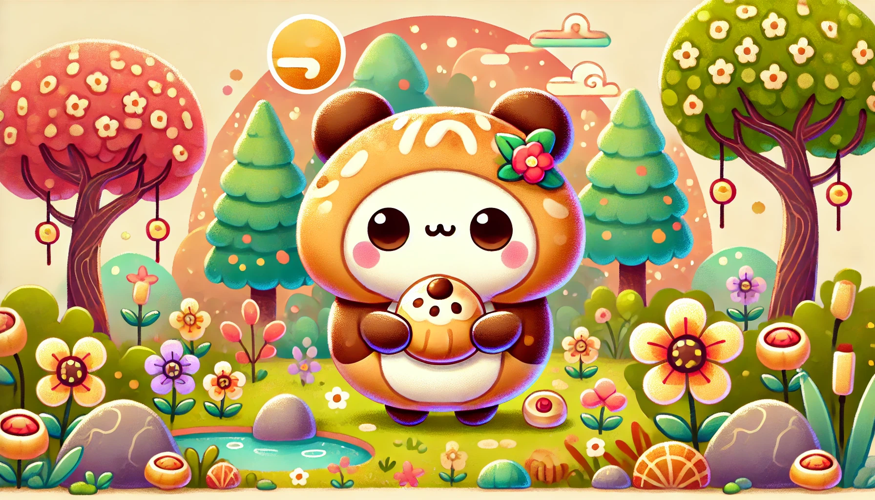 A cute, 'chiikawa-like' character inspired by a traditional Japanese kurimanju (chestnut bun) in a whimsical and colorful world. The character has a round, fluffy appearance, with soft colors like browns and yellows. It holds a small snack, standing in a cozy setting with trees, flowers, and a small pond. The art style is vibrant and soft, similar to 'chiikawa' designs.