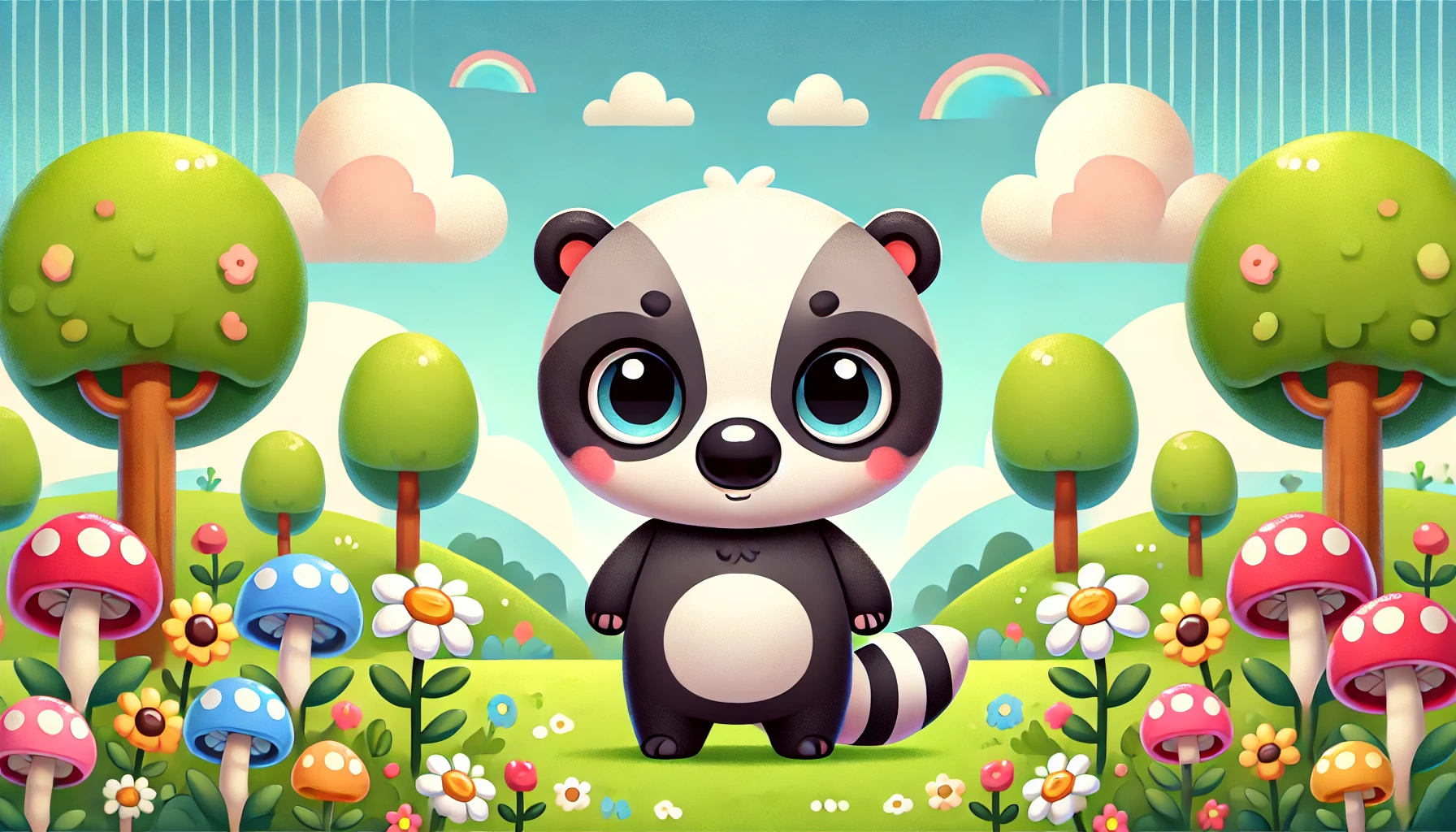 A cute, 'chiikawa-like' character inspired by a honey badger (ratel) in a whimsical and colorful world. The character has round features, big expressive eyes, small arms, and looks friendly yet brave, standing in a grassy field with flowers, trees, and blue skies. The overall art style is soft and vibrant, similar to 'chiikawa' designs.