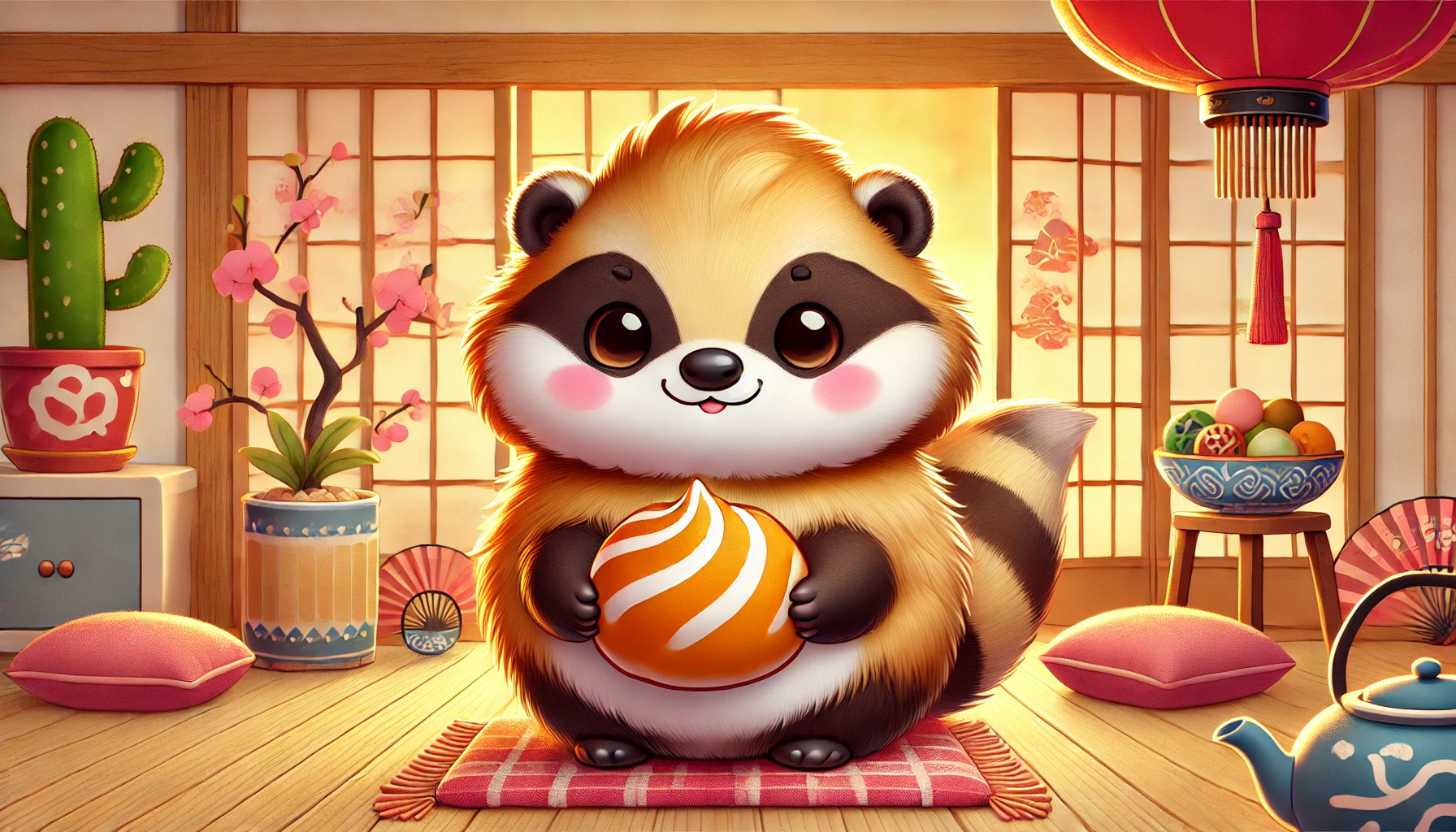 A cute 'chiikawa-like' character that is a combination of a honey badger (ratel) and a traditional Japanese kurimanju (chestnut bun). The character is standing in a cozy, colorful setting, with a warm ambiance, featuring Japanese decor like shoji screens. The character has a round body, fluffy fur, whiskers, and is holding a snack. The overall art style is vibrant and soft, similar to 'chiikawa' designs.