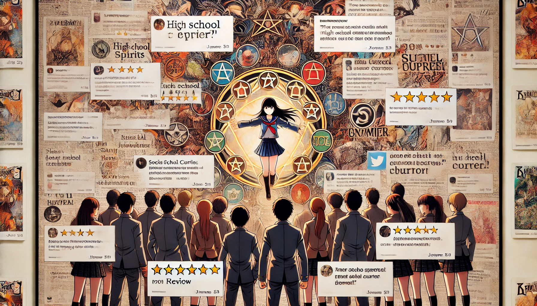 An image that illustrates the diverse and varied opinions on a Japanese manga about high school students fighting spirits with mystical curses. The scene shows a collage of different review snippets, social media comments, and ratings from various countries. Each review is represented by a different style of text or icon, reflecting the unique perspectives of readers from around the world. The background subtly incorporates elements from the manga, such as mystical symbols, and a faint image of high school students in battle, emphasizing the theme of the manga.