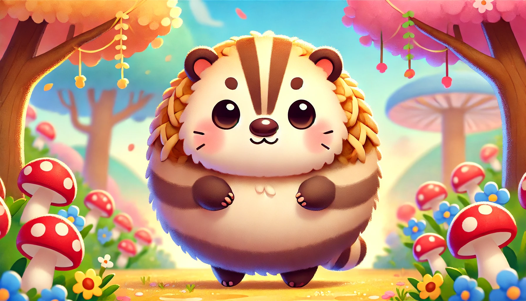 A cute 'chiikawa-like' character that is a combination of a honey badger (ratel) and a traditional Japanese kurimanju (chestnut bun). The character has a round, fluffy body with subtle features from both animals, such as whiskers from the ratel and a chestnut-like roundness. It stands in a vibrant, colorful world with soft lighting, surrounded by trees, flowers, and a blue sky. The style is whimsical and charming, similar to 'chiikawa' designs.