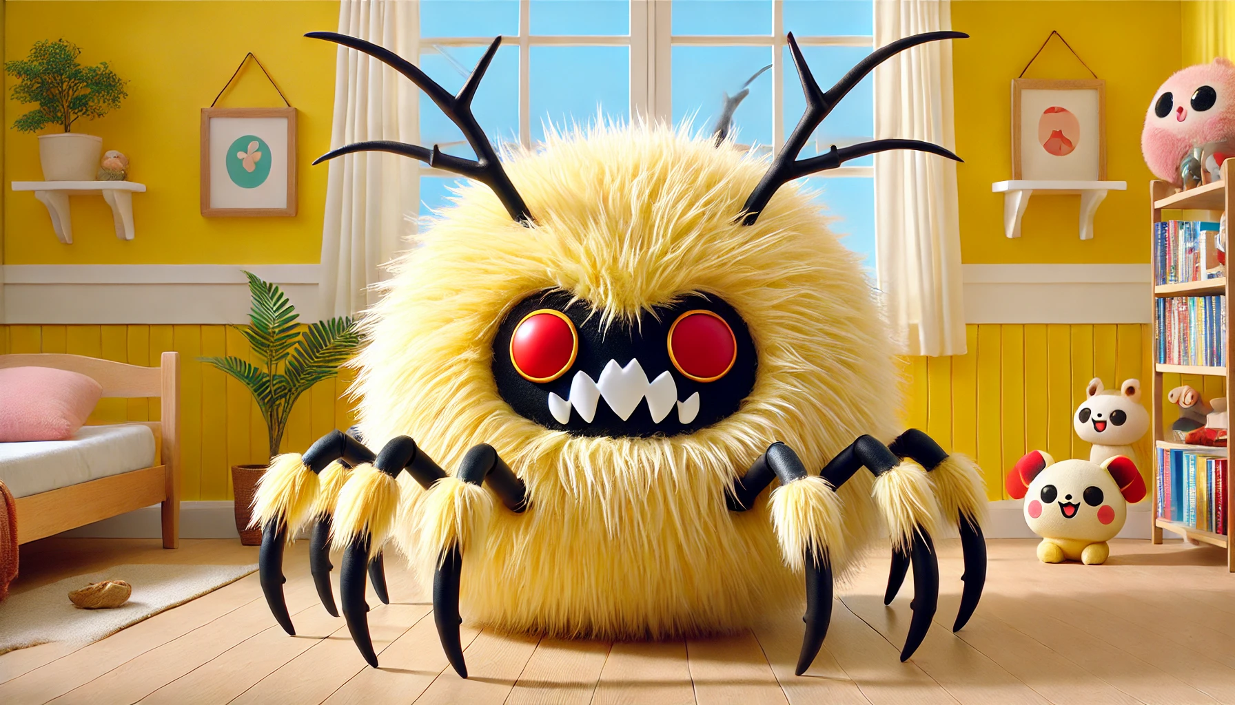 A character resembling something large and strong from a whimsical and cute world like 'chiikawa.' The character has a round, furry body, spiky yellow fur, sharp white horns, red eyes, and spider-like legs, combining both intimidating and cute elements. The setting is bright with a simple, fun background, similar to the first image provided.