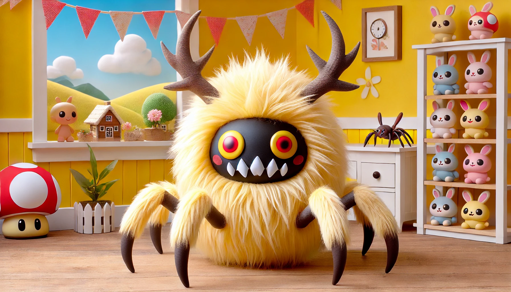 A character resembling something large and strong from a whimsical and cute world like 'chiikawa.' The character has a round, furry body, spiky yellow fur, sharp white horns, red eyes, and spider-like legs, combining both intimidating and cute elements. The setting is bright with a simple, fun background.