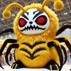 A large and strong character resembling the style of 'chiikawa,' with a furry yellow body, black spider-like legs, and a white mask-like face with red eyes. The character looks both intimidating and cute at the same time. The background is simple and fun with a bright setting. Japanese fans are in the background, looking excited.