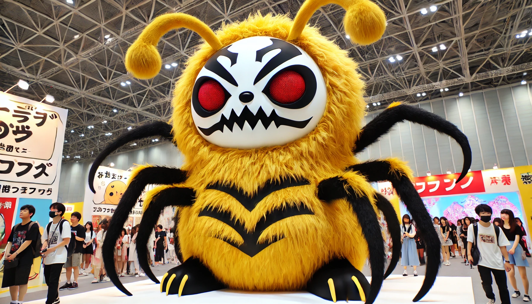 A large and strong character resembling the style of 'chiikawa,' with a furry yellow body, black spider-like legs, and a white mask-like face with red eyes. The character looks both intimidating and cute at the same time. The background is simple and fun with a bright setting. Japanese fans are in the background, looking excited.