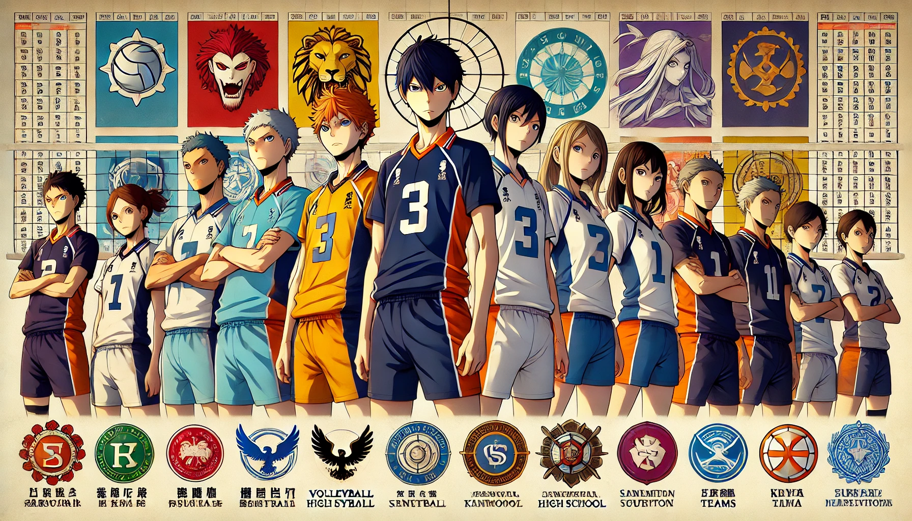 A list of high schools from a volleyball-themed sports anime, featuring a group of Japanese high school students in volleyball uniforms, set against a school gymnasium backdrop. Each school is represented with a unique emblem and color scheme in the background, showing the diversity of teams. The students have determined expressions, and the focus is on their teamwork and competitive spirit.