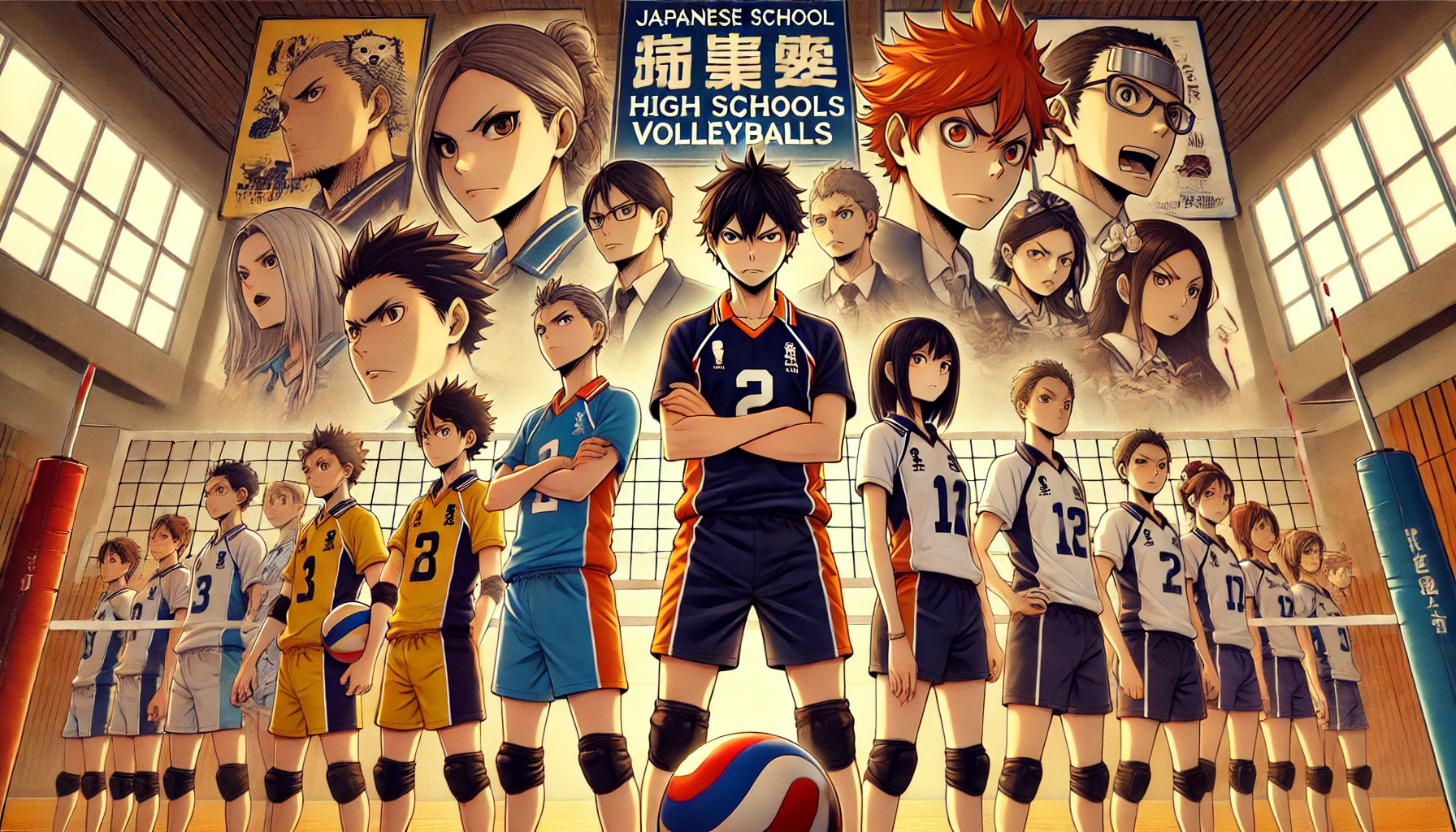 A scene featuring rival high schools from a volleyball-themed sports anime. Japanese high school volleyball teams face off in a gymnasium, with different uniforms, intense facial expressions, and competitive stances. The background showcases school banners and team logos, highlighting the rivalries. The players show determination, ready for a heated volleyball match.