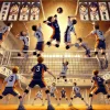 An intense volleyball match from a volleyball-themed sports anime. Japanese high school teams face off in a crucial, high-stakes game, with players jumping, blocking, and spiking the ball. The gym is filled with energy, and banners from both schools decorate the background, capturing the heat of the competition. The players' expressions are full of determination as the game reaches its climax.