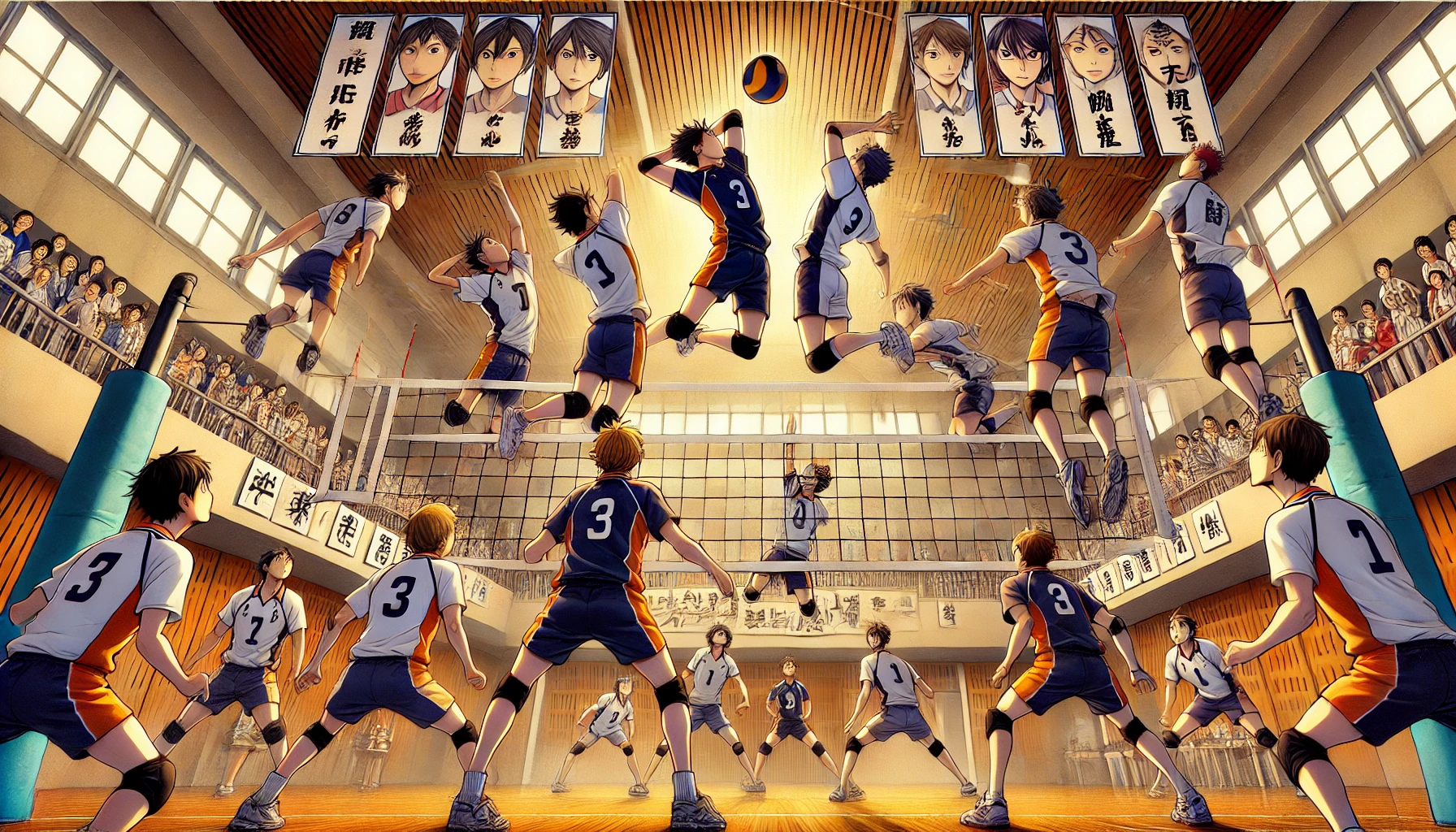 An intense volleyball match from a volleyball-themed sports anime. Japanese high school teams face off in a crucial, high-stakes game, with players jumping, blocking, and spiking the ball. The gym is filled with energy, and banners from both schools decorate the background, capturing the heat of the competition. The players' expressions are full of determination as the game reaches its climax.