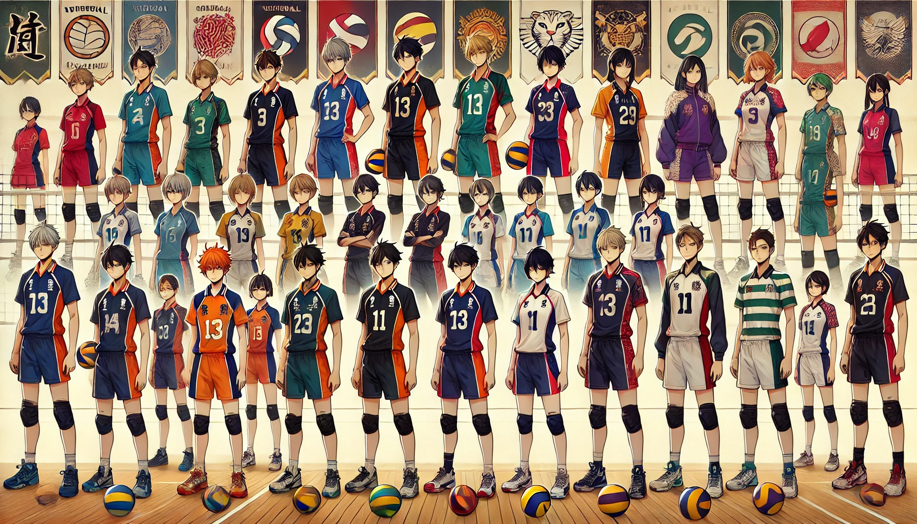 A showcase of different volleyball team uniforms from a volleyball-themed sports anime. Japanese high school volleyball teams are represented, each wearing unique uniforms with distinct color schemes and patterns. The uniforms reflect the personalities of the teams, and the background features school logos and gymnasium settings to highlight the competition.