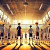 A vibrant scene from a sports anime focused on high school volleyball, showing a high school gym with volleyball net in the center, volleyball players in uniforms preparing for a match, with the sun casting a warm light through the large gym windows. The mood is filled with youthful energy, determination, and team spirit. The players are all Japanese high school students in their typical sports uniforms, with sweat and smiles as they prepare for an intense game.