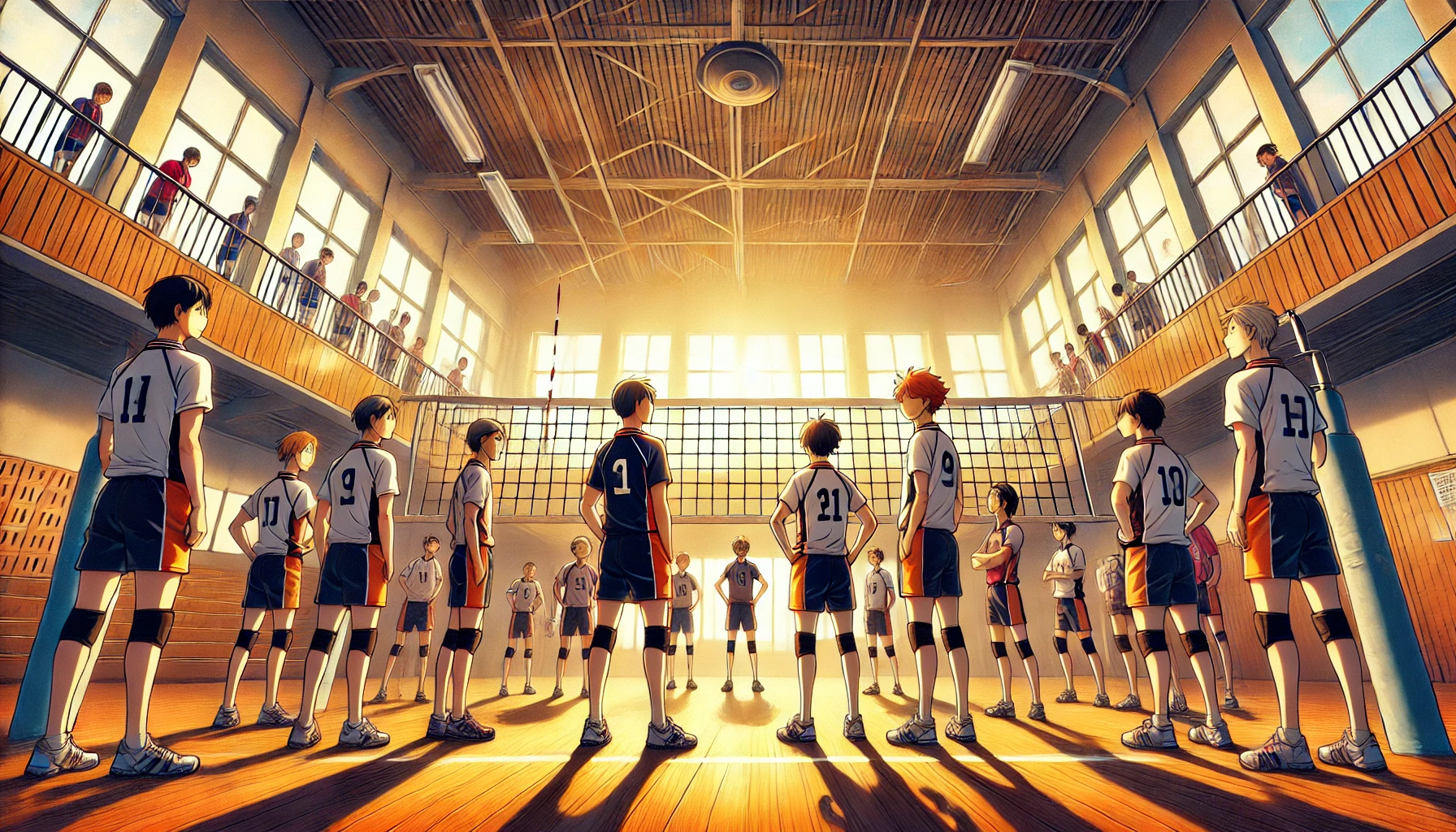 A vibrant scene from a sports anime focused on high school volleyball, showing a high school gym with volleyball net in the center, volleyball players in uniforms preparing for a match, with the sun casting a warm light through the large gym windows. The mood is filled with youthful energy, determination, and team spirit. The players are all Japanese high school students in their typical sports uniforms, with sweat and smiles as they prepare for an intense game.