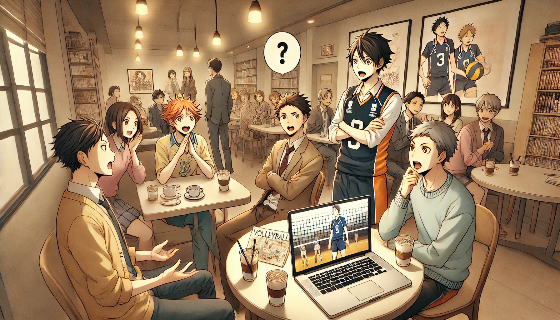 A discussion scene between anime fans talking about a volleyball anime's final episode. They are in a cozy café setting with a laptop showing the anime on the table. The mood is lively, with some fans showing excitement, while others appear to be debating the story. The fans are Japanese, and the café is modern with soft lighting. The background shows other patrons and shelves filled with books and anime merchandise. There are posters of volleyball-themed anime on the walls.