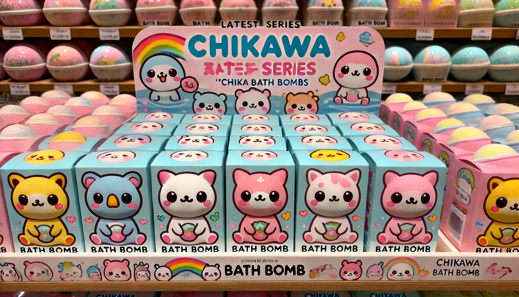 The latest series of 'chiikawa' styled bath bombs featuring pastel-colored, cute animal-like characters. The packaging is updated with a fresh, new design, showing vibrant illustrations of the characters with playful fonts. The display shows multiple bath bomb products lined up, ready for purchase.