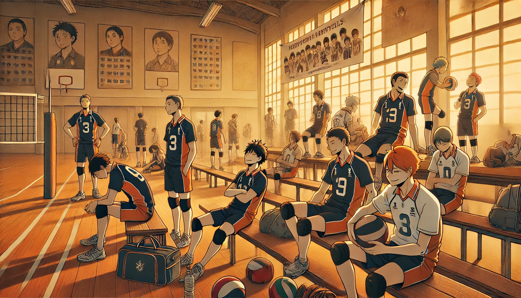 A scene from a sports anime featuring the aftermath of a volleyball tournament, showing the characters in a gym setting reflecting on the game. Some characters are sitting on the bench, exhausted but smiling, while others are packing up the volleyball equipment. There is a banner celebrating the event in the background. The players are Japanese high school students in volleyball uniforms, and the gym has a warm, sunset light coming through the windows, creating a nostalgic and peaceful mood.