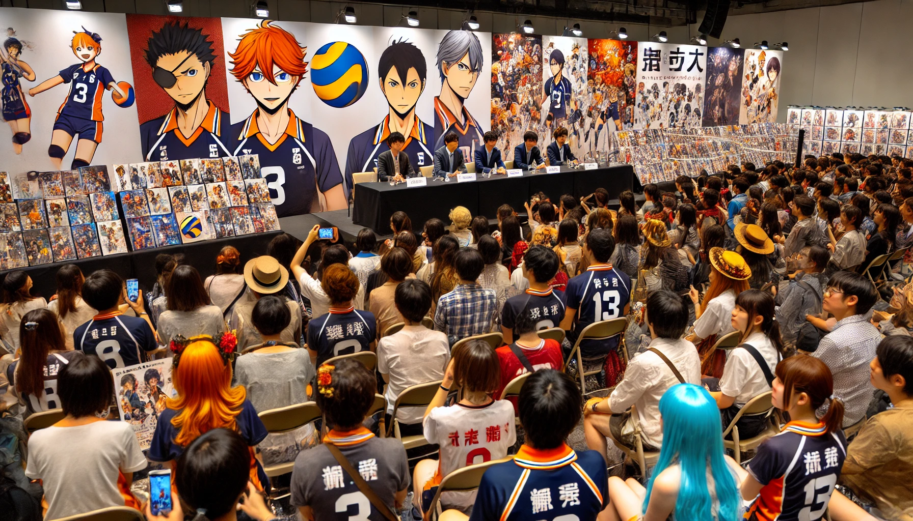 A scene in a Japanese fan event discussing the final episode of a volleyball-themed anime. The audience is seated, watching a panel of anime creators and voice actors on stage. The room is filled with posters of the anime and merchandise on display. Fans are eagerly taking pictures, some wearing cosplay outfits of the anime's characters. The mood is energetic and celebratory, as the creators share insights about the story and its characters.