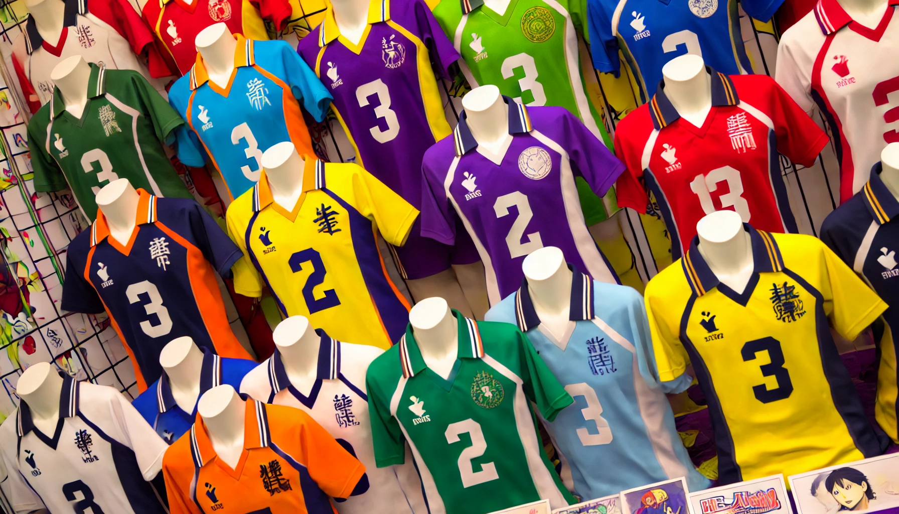 A display of various high school volleyball team jerseys from a sports anime, showing vibrant colors and unique logos. Each jersey represents a different fictional high school team, neatly arranged and visually appealing to anime fans, with attention to the unique color schemes and symbols of each school.