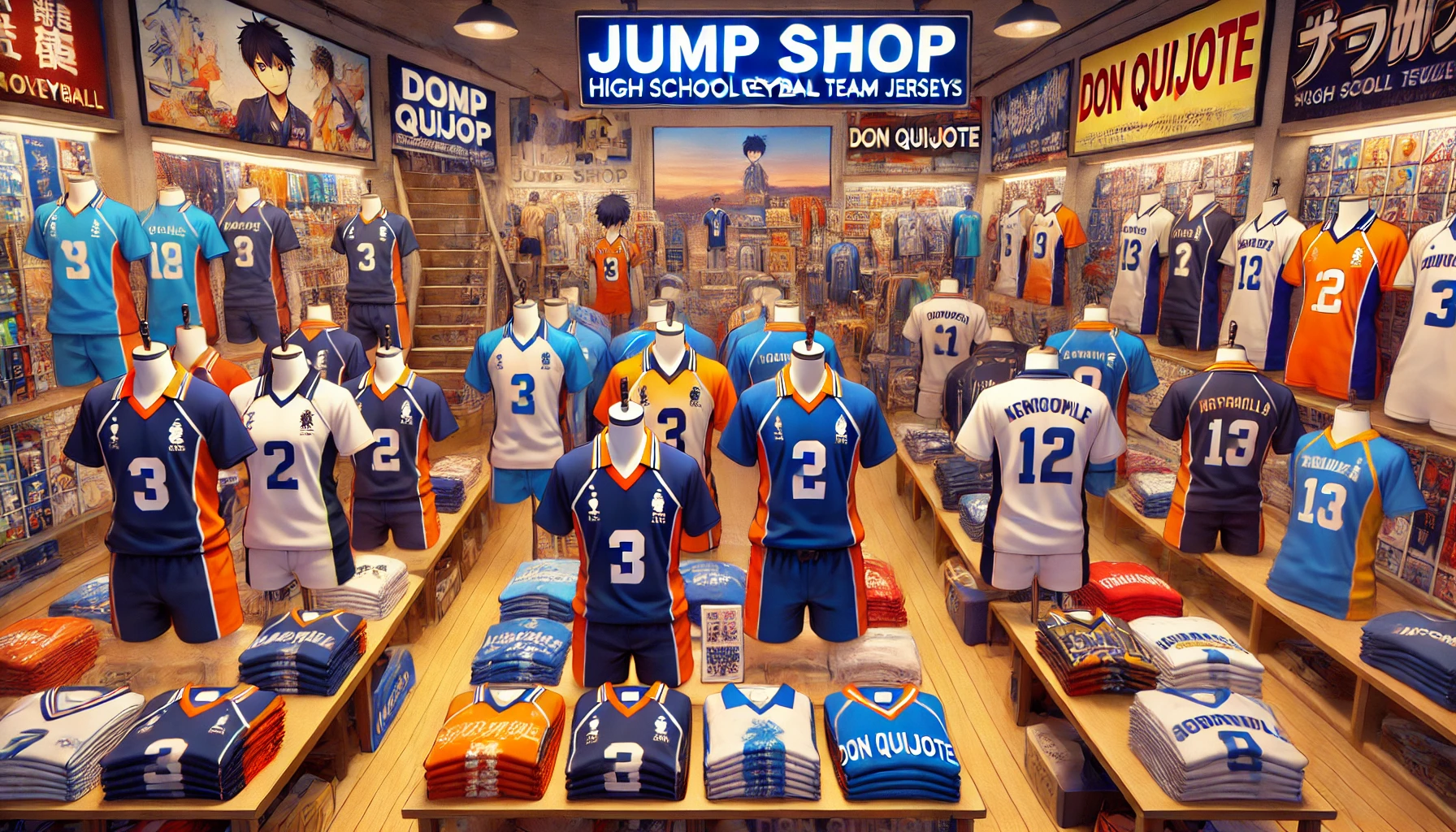 A display of different stores selling high school volleyball team jerseys from a popular sports anime. The image shows various shops such as Jump Shop, Don Quijote, and online stores, with the anime's jerseys neatly displayed. The stores look vibrant and have anime merchandise along with the jerseys, creating a lively, shopping atmosphere.