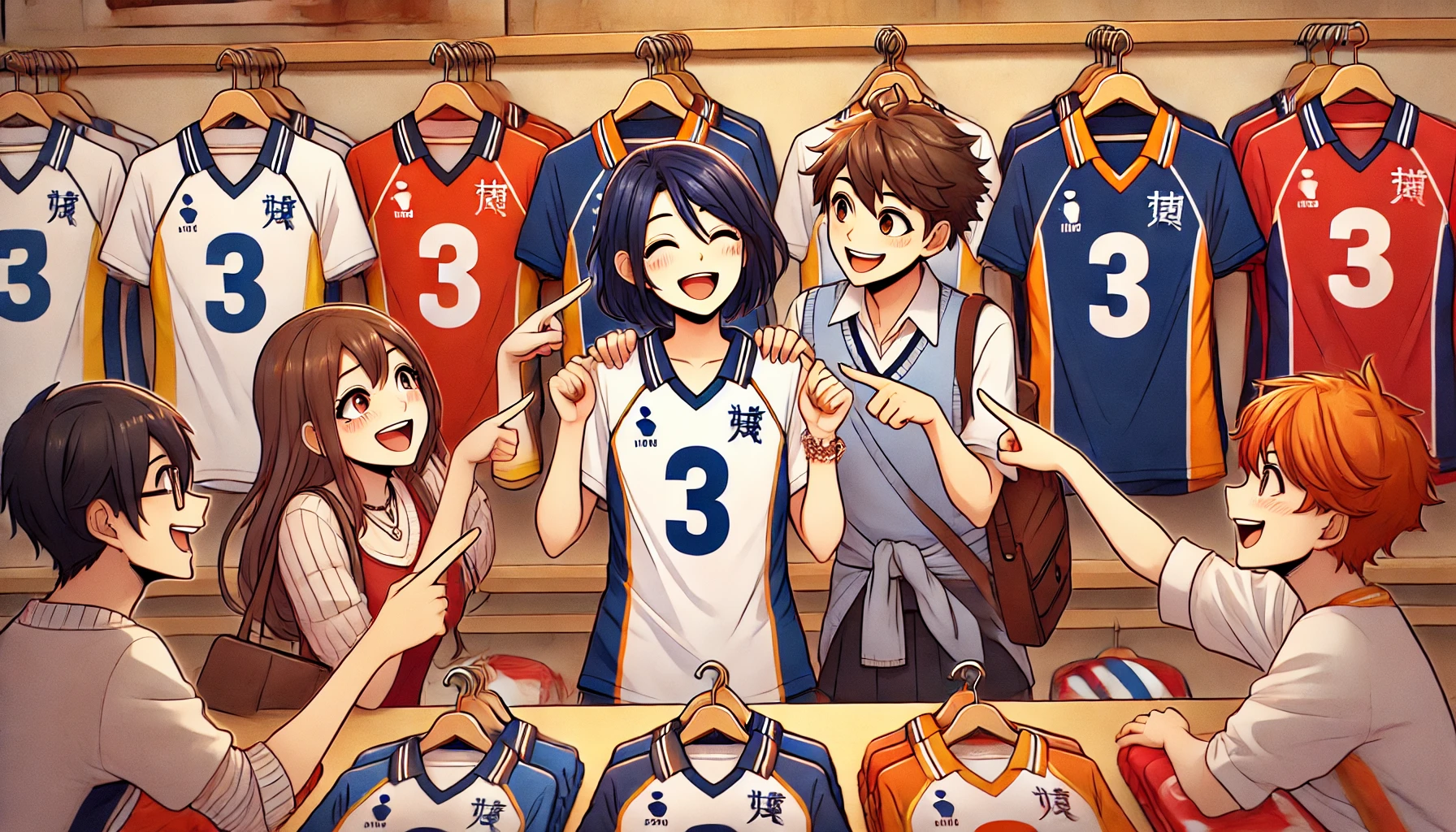 An image showing fans enthusiastically discussing and reviewing high school volleyball team jerseys from a popular sports anime. They are smiling and interacting, pointing at the jerseys, with excitement on their faces. The background shows the jerseys neatly displayed, and the scene has a lively, cheerful atmosphere as fans exchange opinions on their favorite teams.