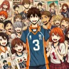 An image showing anime fans excitedly celebrating after receiving high school volleyball team jerseys from a popular sports anime. The fans are smiling and holding up their jerseys with pride. The background shows the characters' posters and merchandise, creating a cheerful, fan-filled atmosphere. Everyone looks thrilled to finally have their favorite team's jersey.