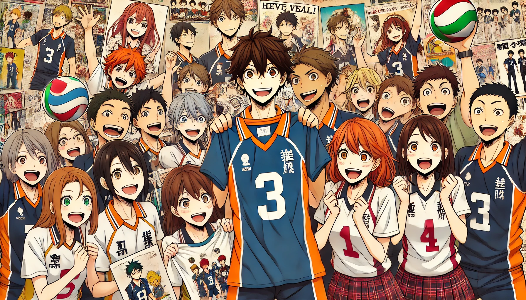 An image showing anime fans excitedly celebrating after receiving high school volleyball team jerseys from a popular sports anime. The fans are smiling and holding up their jerseys with pride. The background shows the characters' posters and merchandise, creating a cheerful, fan-filled atmosphere. Everyone looks thrilled to finally have their favorite team's jersey.