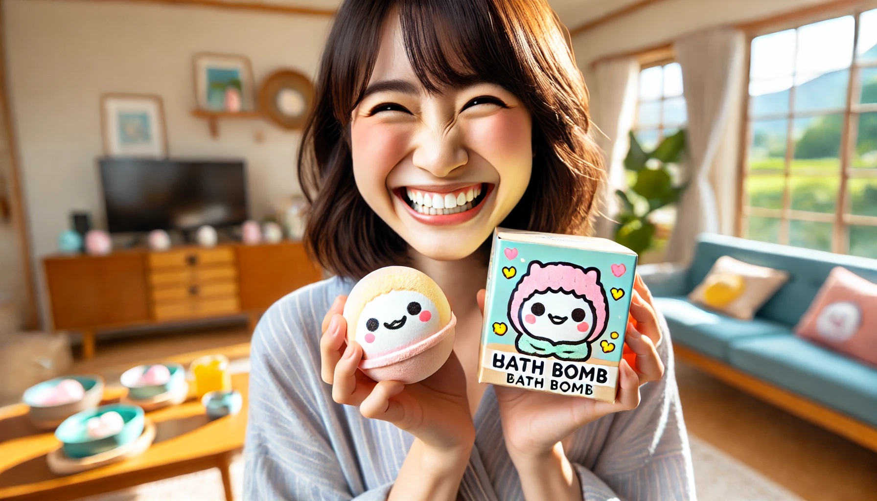 A joyful person, a Japanese individual, happily holding a bath bomb with 'chiikawa' styled characters. The person is smiling, showing excitement, in a cozy, well-lit indoor setting. The bath bomb packaging features cute, pastel-colored animal-like characters, and the person looks delighted to have it.