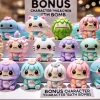 A collection of bonus character figurines that resemble 'chiikawa' styled creatures, accompanying bath bombs. The characters are small, adorable, and pastel-colored with cute expressions, placed on a clean display. Each figure has unique features, making it easier to distinguish between them for collectors.