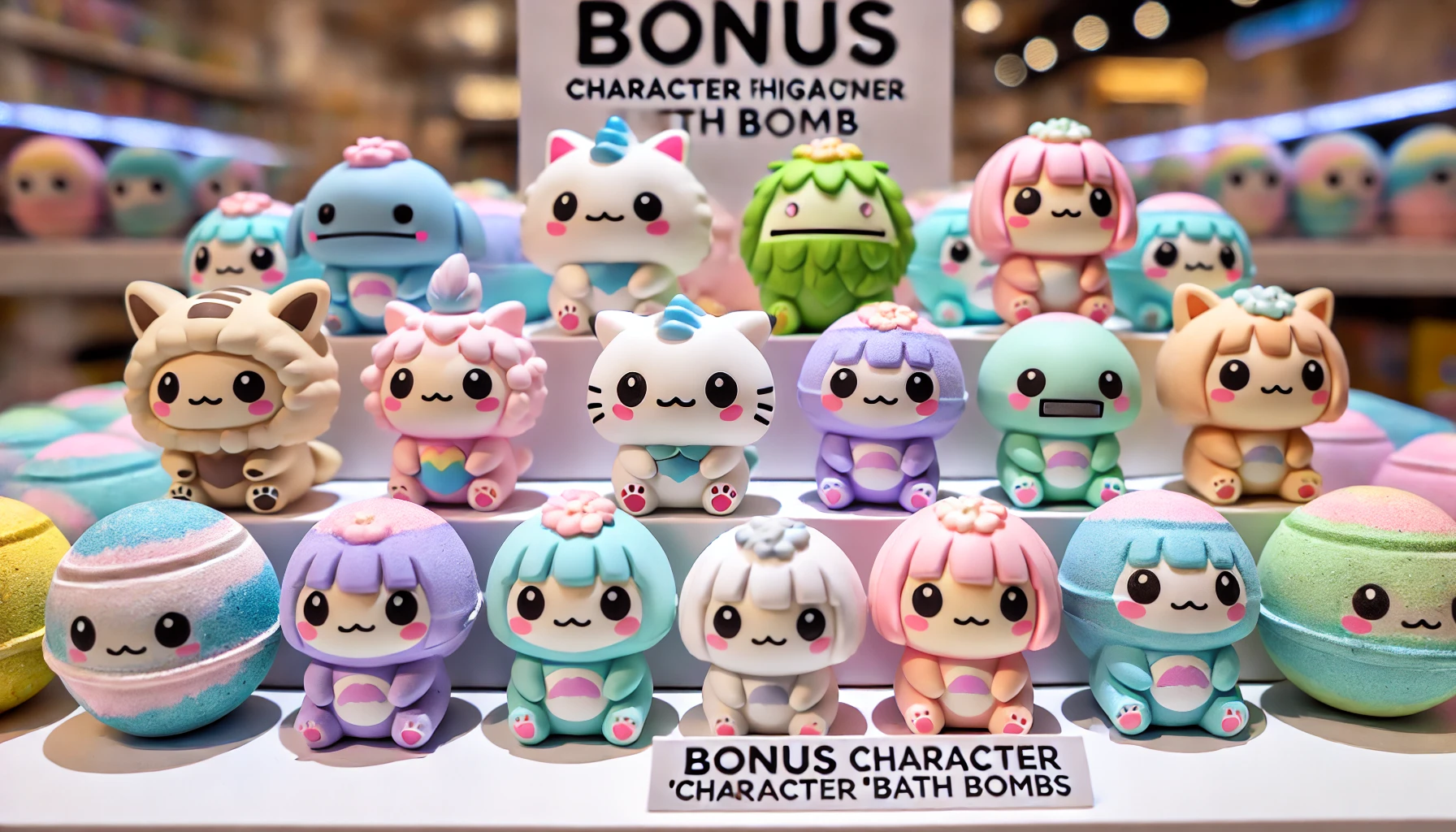 A collection of bonus character figurines that resemble 'chiikawa' styled creatures, accompanying bath bombs. The characters are small, adorable, and pastel-colored with cute expressions, placed on a clean display. Each figure has unique features, making it easier to distinguish between them for collectors.