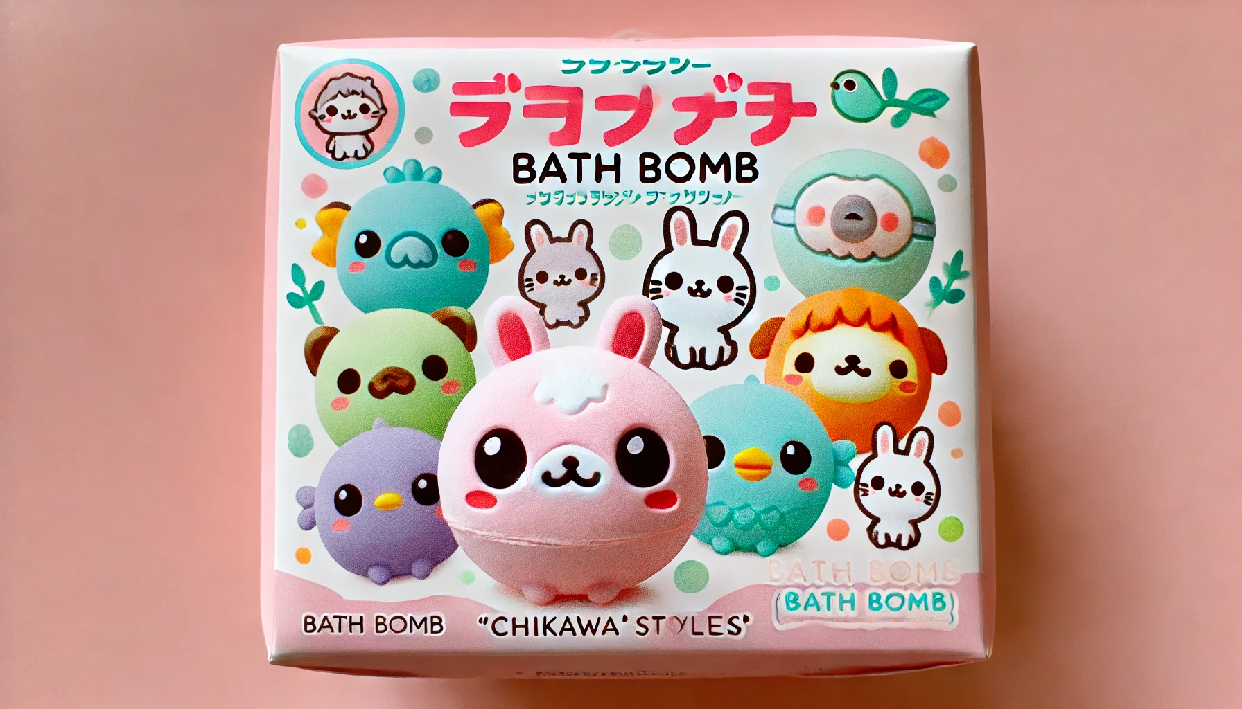 A cute bath bomb product featuring characters that resemble 'chiikawa' styled creatures. The bath bomb packaging is colorful and playful, with soft pastel colors. There are small cartoonish animal-like characters with big eyes and round shapes on the package, evoking a friendly and adorable vibe.