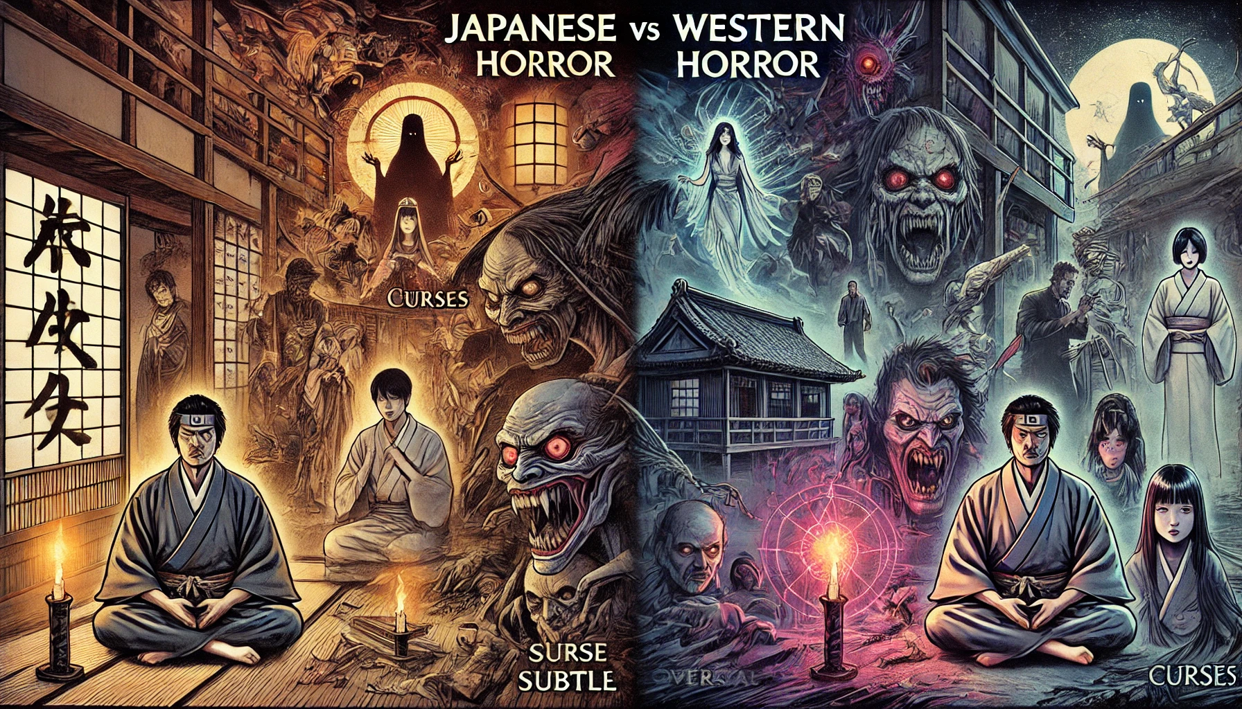 A comparison image illustrating the differences between Japanese and Western horror cultures, focusing on the concept of curses and supernatural elements. On the left side, the image depicts a traditional Japanese setting with eerie, subtle, and psychological horror elements, including a shadowy figure representing a curse. On the right side, the image contrasts with a Western horror setting featuring more physical, overt, and aggressive supernatural forces. The central theme is the cultural contrast in how horror and curses are portrayed, with the background blending elements of traditional and modern styles.