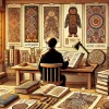 A detailed illustration of a Japanese artist researching and referencing books on Ainu culture. The artist is at a wooden desk, with traditional Japanese and Ainu artifacts surrounding them, such as Ainu carvings, scrolls, and cultural illustrations. Behind the artist is a wall filled with research notes and sketches of Ainu designs. The scene is warm, with sunlight coming through a window, giving a calm, intellectual atmosphere to the artist's research process.