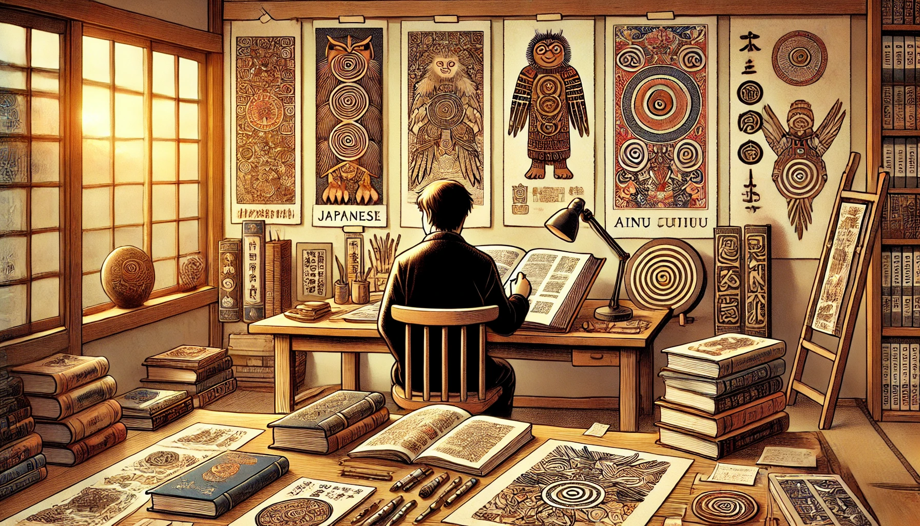 A detailed illustration of a Japanese artist researching and referencing books on Ainu culture. The artist is at a wooden desk, with traditional Japanese and Ainu artifacts surrounding them, such as Ainu carvings, scrolls, and cultural illustrations. Behind the artist is a wall filled with research notes and sketches of Ainu designs. The scene is warm, with sunlight coming through a window, giving a calm, intellectual atmosphere to the artist's research process.