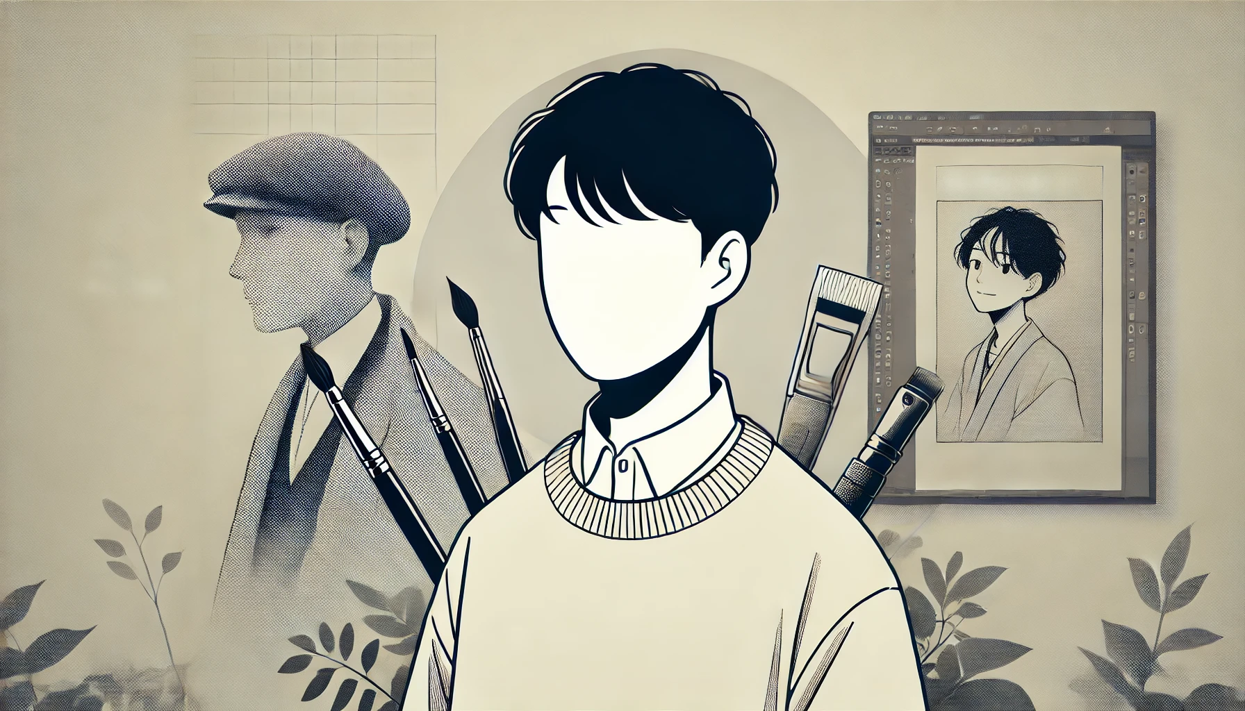 A simple and clean profile image of a Japanese manga artist, in front of a calm background, showing the artist in a neutral pose. The background features subtle details like a sketchbook and manga tools, symbolizing their profession. The profile is professional, focusing on the person as a creator.