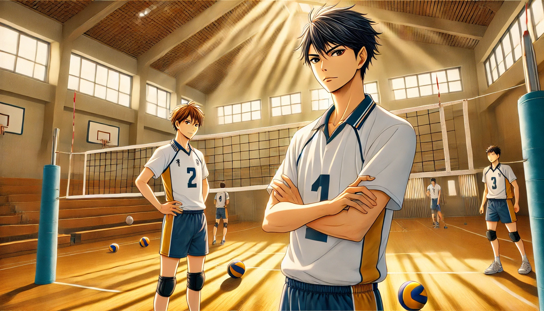 Two high school boys in a gym playing volleyball, one looking confident and bold (the older brother), the other more calm and composed (the younger brother). The setting is a vibrant gym with volleyball nets, balls scattered, and beams of sunlight coming through the windows. The boys are Japanese high school students, wearing typical volleyball uniforms, and the scene conveys a sense of competition and teamwork. The gym is spacious, with bleachers in the background.