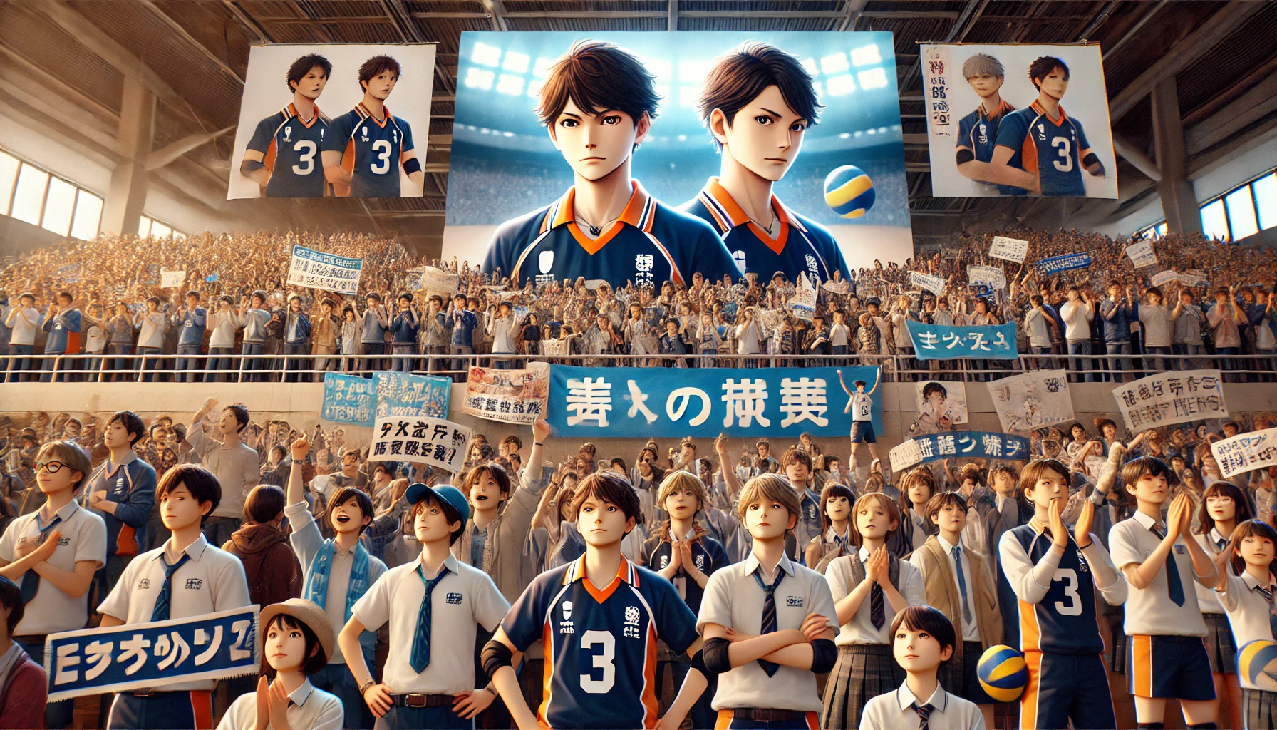 A scene showing fans gathered at a sports event, cheering for two high school boys who are twin brothers. The crowd includes both young and old fans, holding banners, posters, and merchandise, showing their support for the volleyball-playing brothers. The boys are shown on a large screen or poster in the background, with one looking confident and the other calm. The setting is an indoor stadium with a lively atmosphere, capturing the energy of the fans. The twin brothers are Japanese high school students in volleyball uniforms.