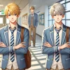 Two high school boys who are twin brothers standing next to each other, showing their differences. One has blonde hair and a confident posture, while the other has silver hair and a calm expression. Both are wearing school uniforms and standing in a school hallway. The scene highlights how to visually distinguish the two brothers. The school has typical lockers, bulletin boards, and windows, with sunlight streaming in.