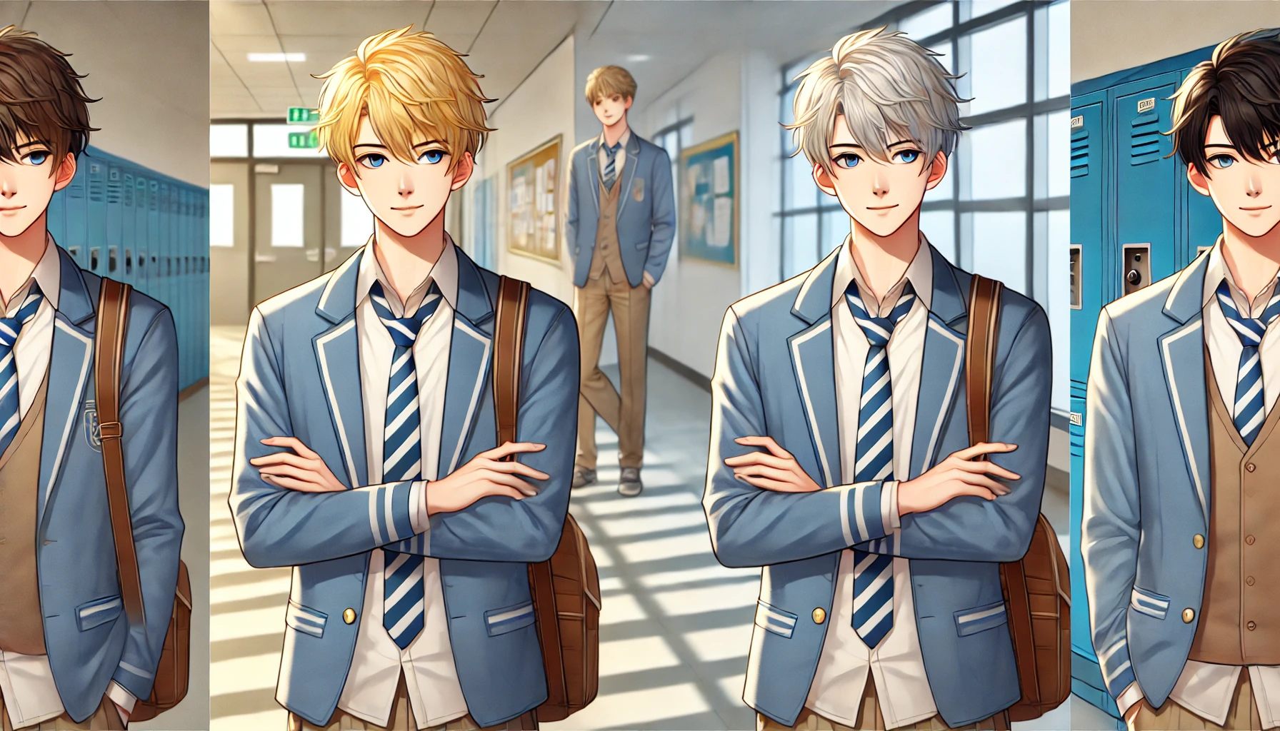 Two high school boys who are twin brothers standing next to each other, showing their differences. One has blonde hair and a confident posture, while the other has silver hair and a calm expression. Both are wearing school uniforms and standing in a school hallway. The scene highlights how to visually distinguish the two brothers. The school has typical lockers, bulletin boards, and windows, with sunlight streaming in.