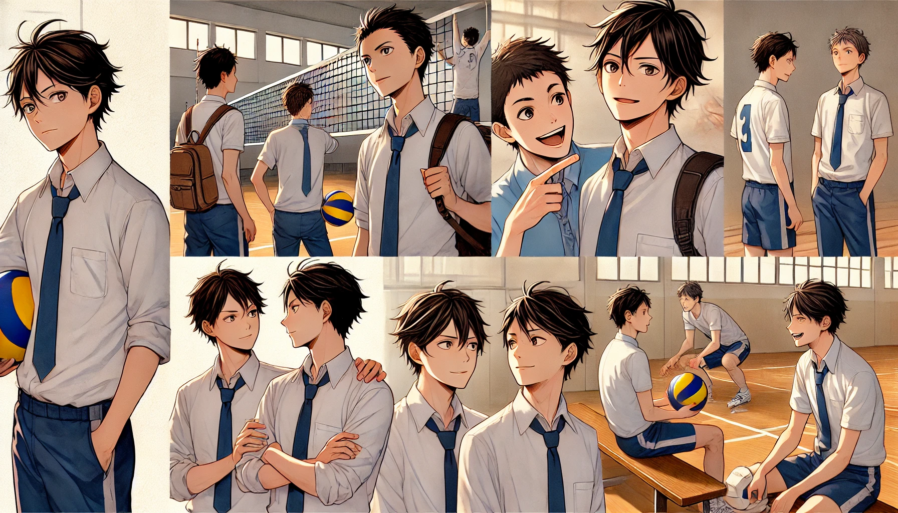 Two high school boys who are twin brothers, shown in different moments from their high school life. One scene shows them having a playful argument, while another scene shows them working together during a volleyball practice. The background is a typical Japanese school with a volleyball court, benches, and gym equipment. The brothers have contrasting expressions, one is animated and competitive, while the other is calm and observant. The setting conveys different moments of their school life, with hints of their bond and rivalry.