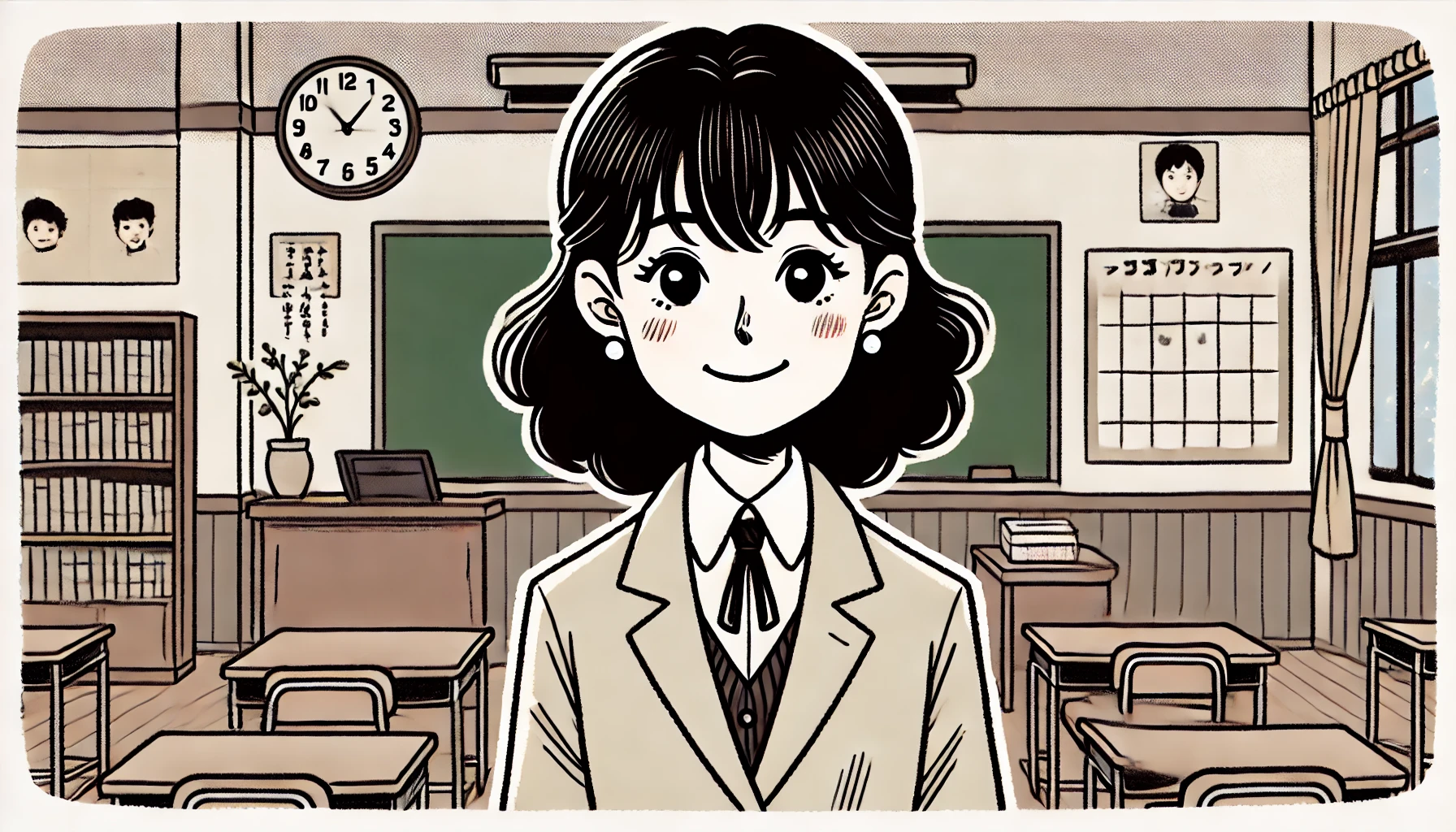 An illustration of a Japanese female teacher who is portrayed as clumsy and a bit silly in a school setting, inspired by a scene from the manga Detective Conan. The teacher has a friendly expression with a slightly confused look, set in a typical Japanese classroom environment with a chalkboard and desks. The image is horizontal (16:9) in format.