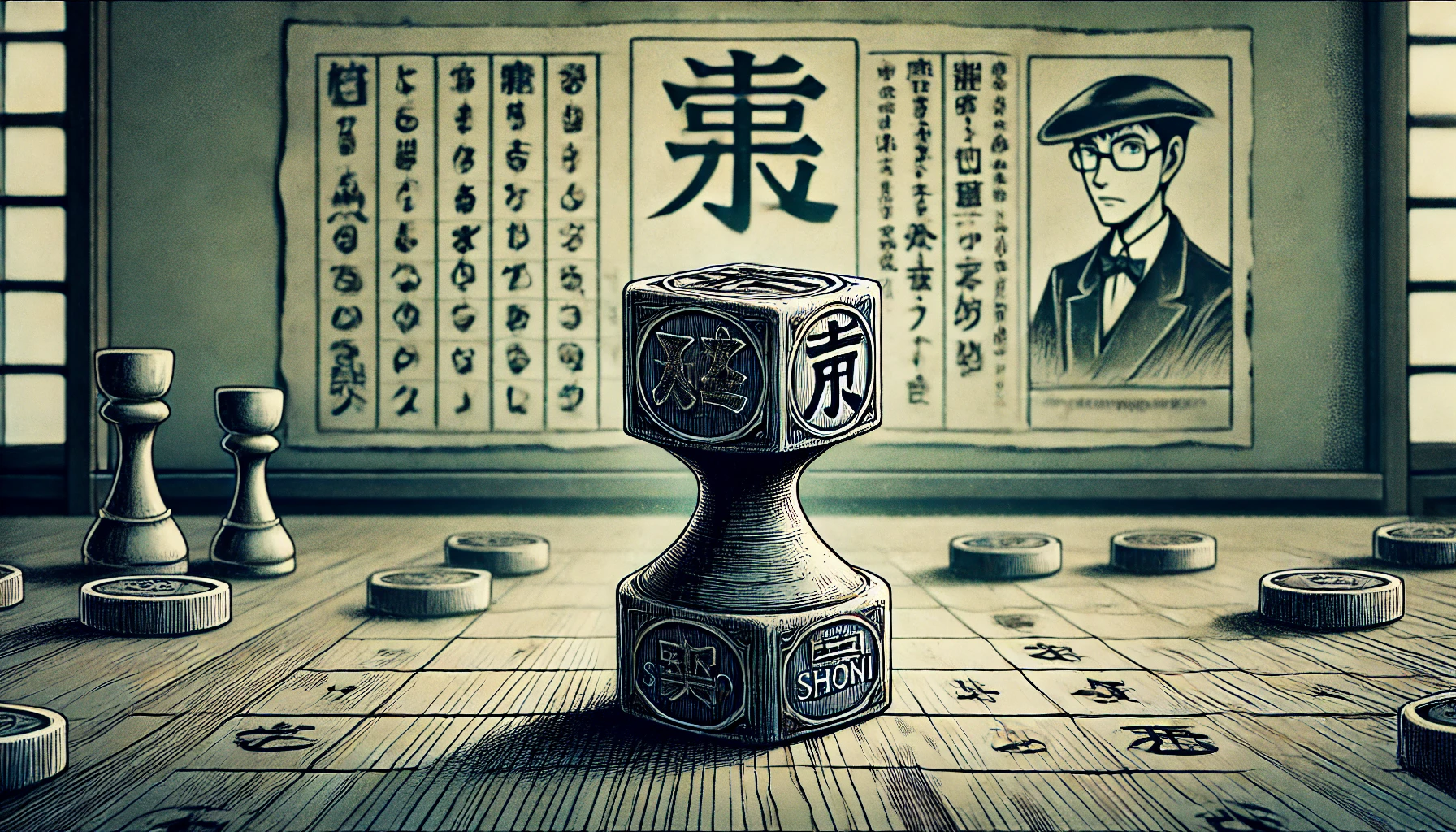 An illustration of a mysterious shogi piece, inspired by its depiction in manga like Detective Conan. The shogi piece is central, with intricate Japanese characters engraved on it, giving it a sense of importance. The background is subtle, hinting at a traditional Japanese setting or an old wooden table, with a slightly mysterious atmosphere. The image is horizontal (16:9) in format.