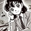 An illustration of a Japanese female teacher portrayed as clumsy and silly in a manga style like Detective Conan, with an expression that hints at a hidden secret. The setting is in a Japanese classroom with some shadows adding a sense of mystery. The character's smile is friendly but with a subtle hint of something deeper. The image is horizontal (16:9) in format.