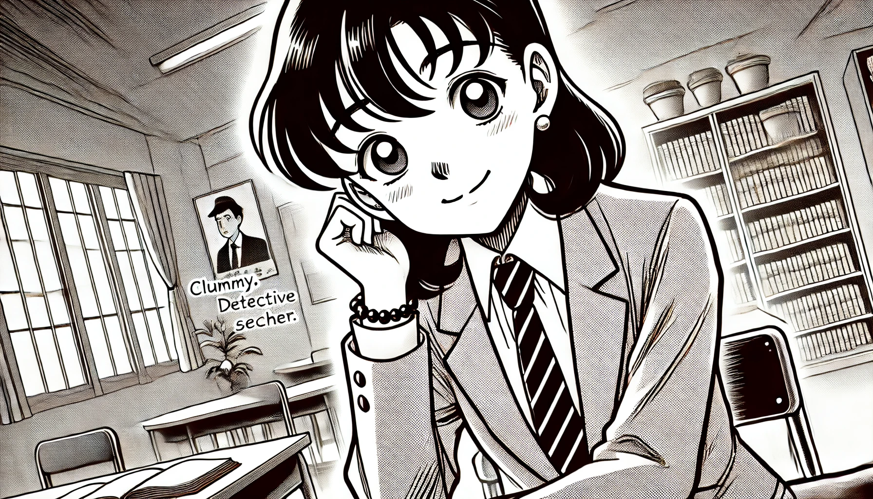 An illustration of a Japanese female teacher portrayed as clumsy and silly in a manga style like Detective Conan, with an expression that hints at a hidden secret. The setting is in a Japanese classroom with some shadows adding a sense of mystery. The character's smile is friendly but with a subtle hint of something deeper. The image is horizontal (16:9) in format.