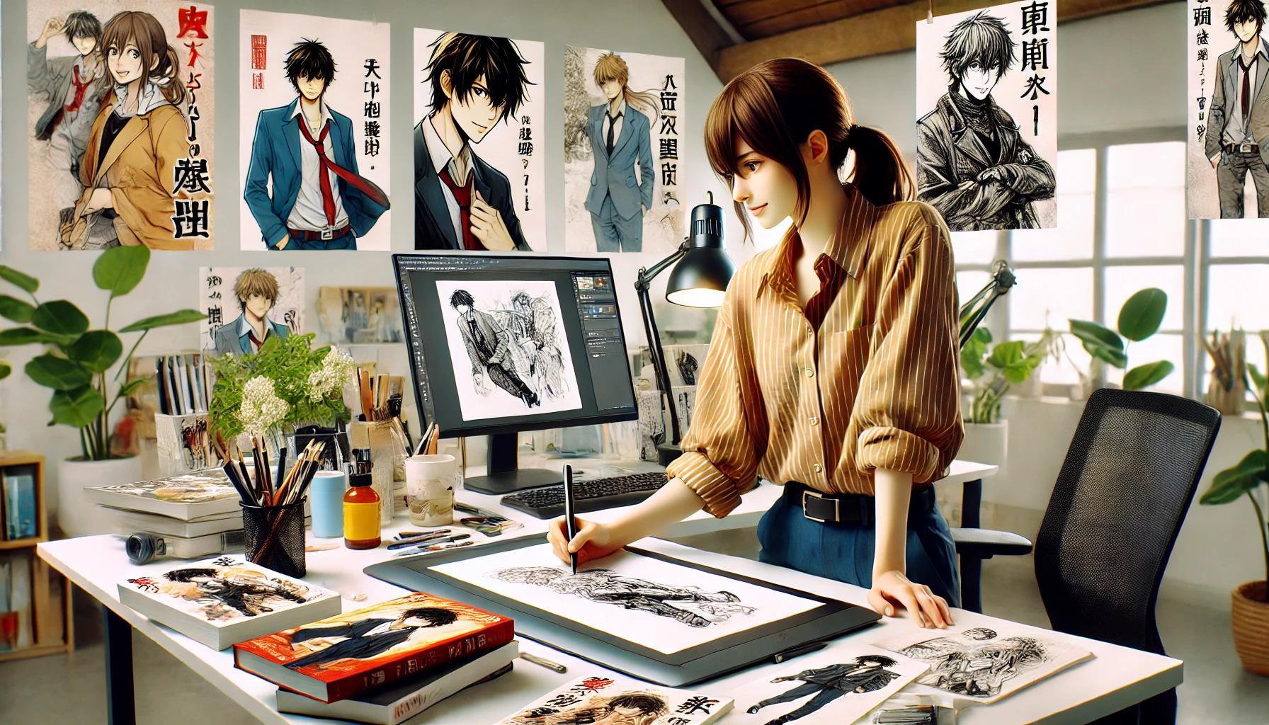 A scene showing a modern Japanese manga artist confidently sketching in a bright studio. They are surrounded by their new work, showcasing covers and drafts for their latest manga project. The workspace has a computer, drawing tablets, and manga-related materials spread out. The atmosphere is modern and energetic, capturing the artist's new creative journey as they take on a fresh challenge.