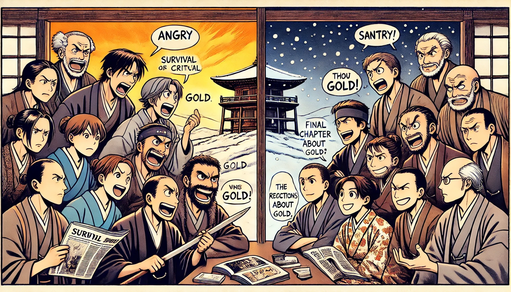 An illustration showing two groups of people debating a manga set in Meiji-era Hokkaido, representing the polarizing reactions to the final chapter of a survival manga about gold. One group looks angry and critical, while the other is satisfied and happy. The background is split between snowy wilderness, representing the harsh story setting, and a room filled with books and manga, symbolizing the readers' passionate discussions. The characters should wear traditional Meiji-period clothing, with expressive faces showing their conflicting emotions.